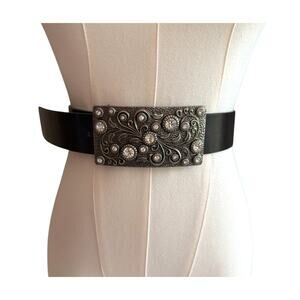 Rhinestone Crystal Belt Buckle Antiqued Rectangle Floral Engraved Buckle Belt L